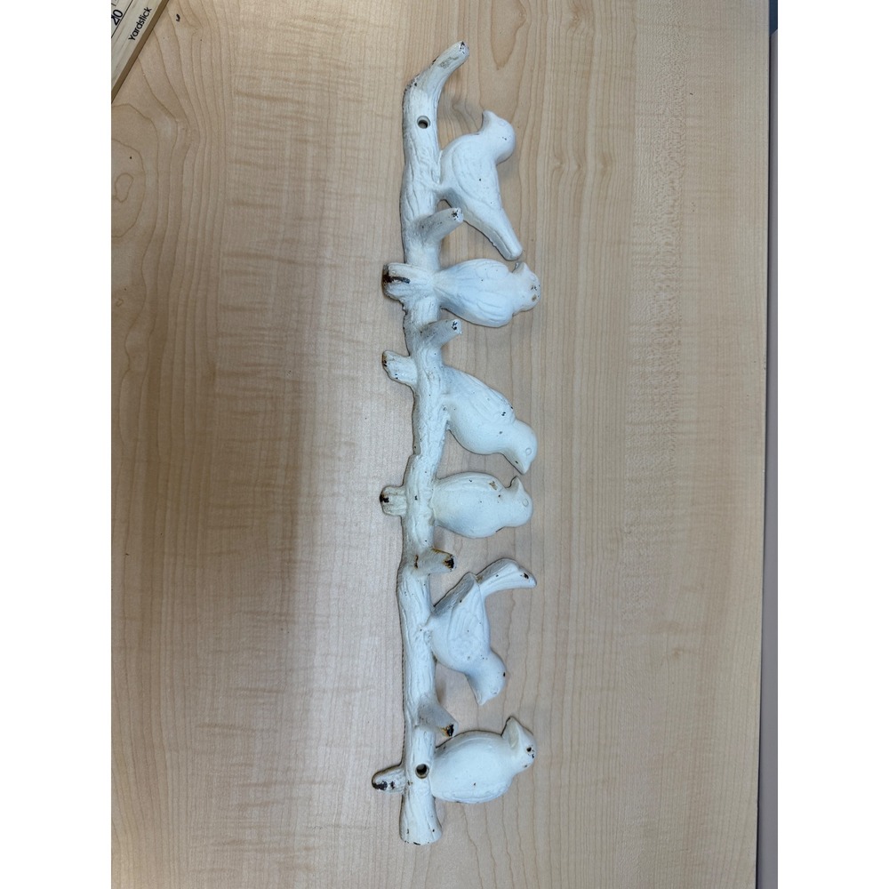 Vintage Style Cast Iron Birds on Branch Wall Hook Rack White Distressed 19 Inch - Picture 10 of 15